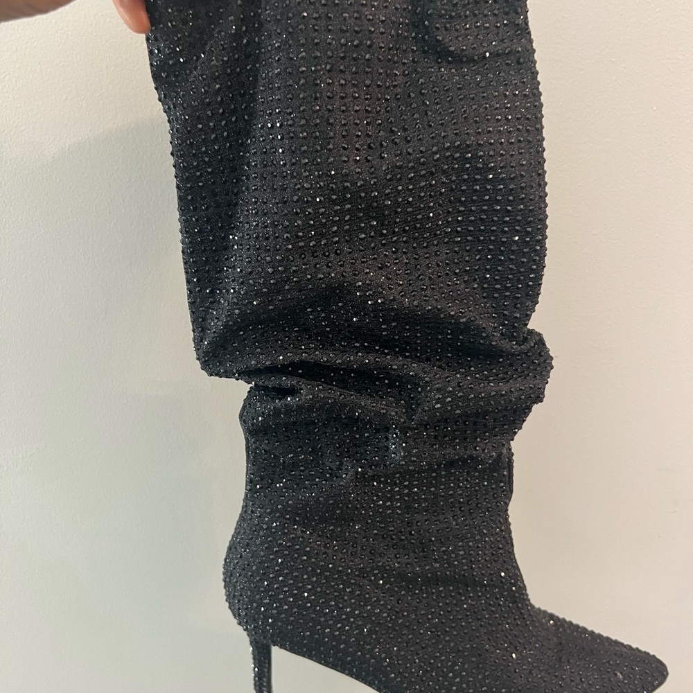 Black scrunchie calf rhinestone boots. Size 10, never worn. sparkle black stone